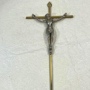 VTG 90's Brass Metal Jesus on Cross Crucifix Wall Hanging Religious 10"x5"